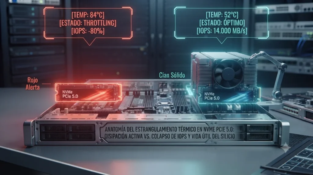 Visualización conceptual que compara un SSD NVMe PCIe 5.0 sobrecalentado (Rojo) con estrangulamiento térmico, frente a una unidad refrigerada activamente (Cian) que mantiene el rendimiento máximo sostenido de 14 GB/s, tutorial de datocortex.