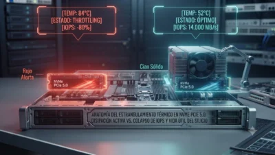 Visualización conceptual que compara un SSD NVMe PCIe 5.0 sobrecalentado (Rojo) con estrangulamiento térmico, frente a una unidad refrigerada activamente (Cian) que mantiene el rendimiento máximo sostenido de 14 GB/s, tutorial de datocortex.