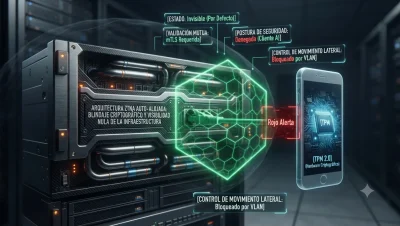 Visualización conceptual de la autenticación mutua mTLS y la invisibilidad de la red bajo un modelo Zero-Trust, protegiendo servidores contra intrusos, tutorial de datocortex.