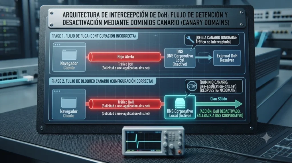 Diagrama técnico que detalla el funcionamiento del Dominio Canario (Canary Domain). Muestra cómo un servidor DNS interno (Cian) responde con NXDOMAIN (Rojo) para forzar la desactivación de DoH en el navegador, restableciendo el control, tutorial de datocortex.