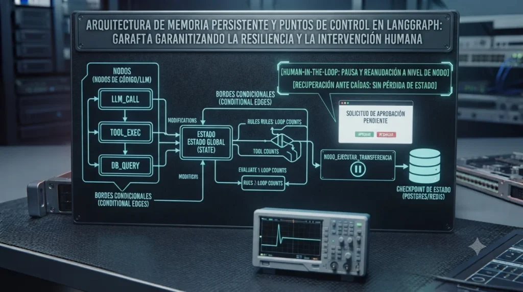 Diagrama técnico de la arquitectura de LangGraph. Muestra el flujo de estado a través de nodos y bordes, con checkpoints almacenados en PostgreSQL/Redis para permitir la tolerancia a fallos y la supervisión humana controlada, tutorial de datocortex.