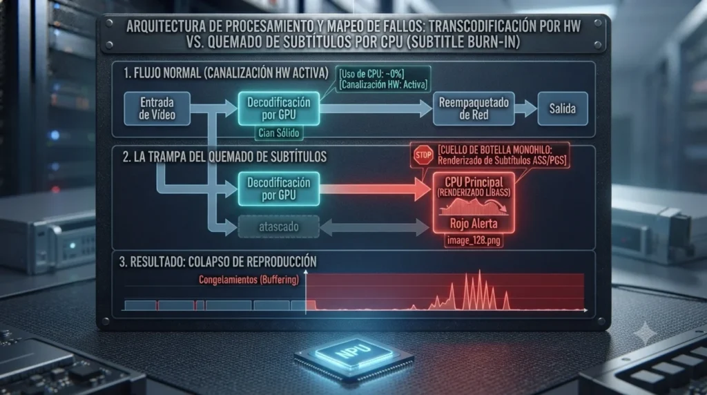 Diagrama técnico que detalla el flujo de datos en transcodificación. Muestra cómo el quemado de subtítulos desvía el flujo de la GPU (Cian) a la CPU (Roja), saturando el servidor y causando buffering, tutorial de datocortex.
