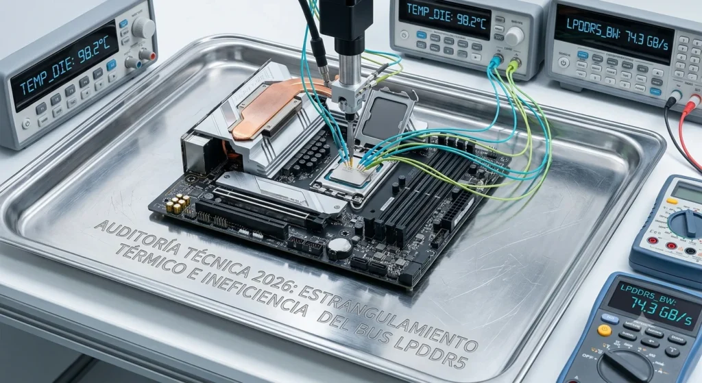 Primer plano macro de una placa base de portátil y memoria RAM sobre una bandeja de acero quirúrgico con marcas de degradación térmica en el silicio, categoría cerebro digital de datocortex.