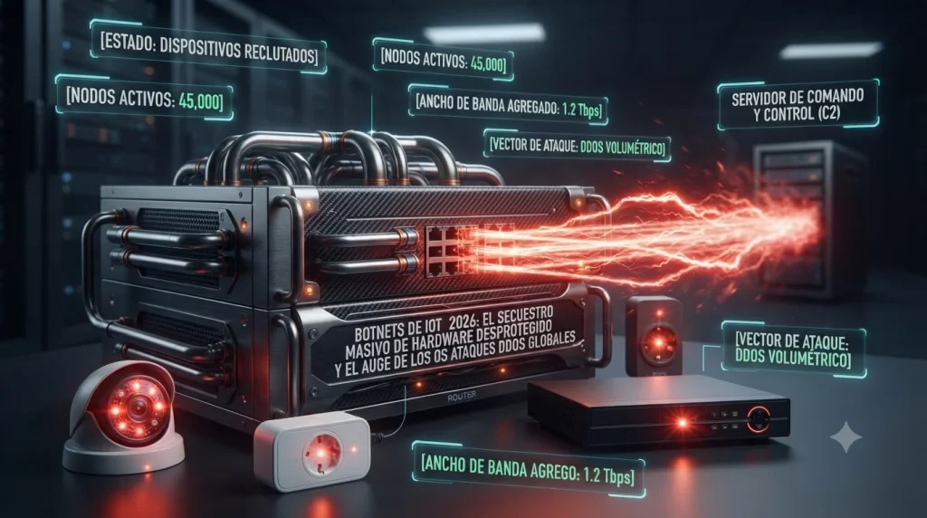 Auge de las botnets de IoT en 2026 y orquestación de ataques DDoS masivos mediante hardware inteligente desprotegido.