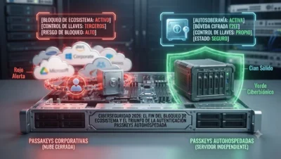 Visualización conceptual que compara la centralización de Passkeys en nubes corporativas (Roja) con la soberanía del autohospedaje (Cian), mostrando el control total de las llaves criptográficas en un servidor independiente, tutorial de datocortex.