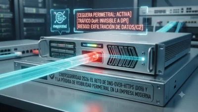 Visualización conceptual de la amenaza DoH. Un túnel cifrado (Rojo) elude un cortafuegos corporativo (Cian), mostrando la pérdida de control administrativo y el riesgo de seguridad en infraestructuras críticas, tutorial de datocortex.