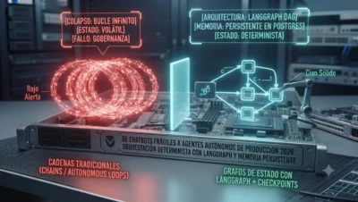 Visualización conceptual que compara las cadenas de agentes tradicionales (Rojo, bucle infinito) con la arquitectura determinista de LangGraph (Cian, DAG estructurado) bajo la Linux Foundation, destacando la memoria persistente y la supervisión humana, tutorial de datocortex.