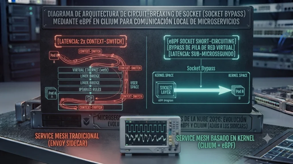 Esquema técnico de bajo nivel que ilustra cómo Cilium utiliza eBPF para realizar un bypass de socket, conectando la memoria de dos Pods locales directamente en el kernel de Linux y eliminando la sobrecarga de la pila de red virtual, tutorial de datocortex.