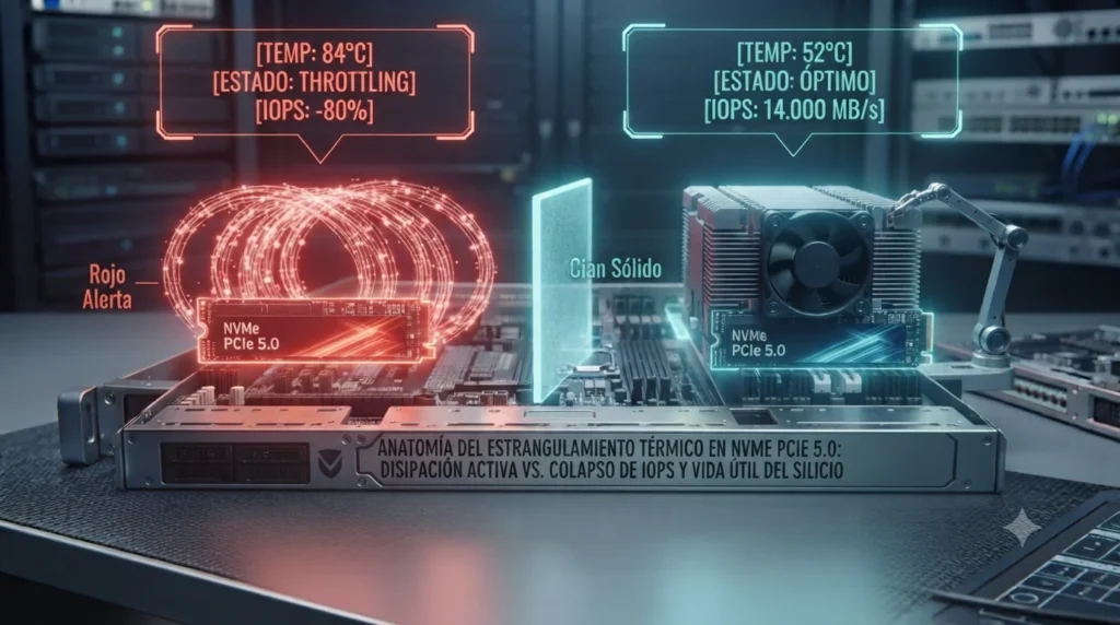 Esquema técnico que ilustra el flujo de calor desde el controlador PCIe 5.0 hacia las celdas NAND, provocando estrangulamiento térmico y degradación de datos en celdas QLC. Muestra la caída de IOPS y la importancia de la disipación, tutorial de datocortex.