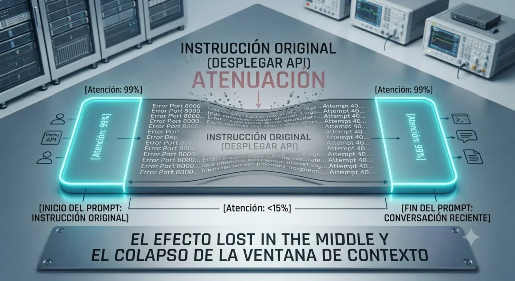 Pérdida de atención y degradación semántica en ventanas de contexto largas en modelos de lenguaje grandes.