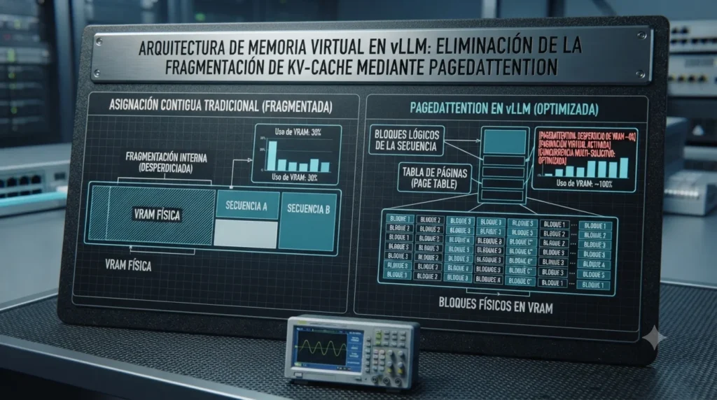 Diagrama técnico de PagedAttention en vLLM. Muestra cómo la gestión paginada de la KV-Cache (Cian) elimina la fragmentación de la VRAM y maximiza el rendimiento en la inferencia de LLMs, tutorial de datocortex.