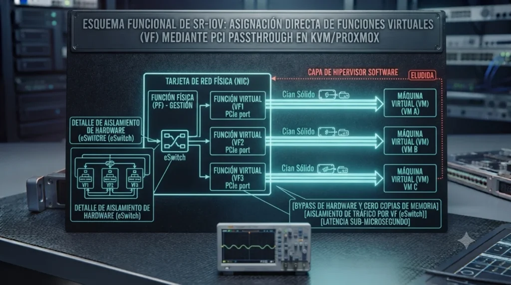 Diagrama técnico de la arquitectura SR-IOV, mostrando cómo las Funciones Virtuales (VF) generadas por hardware en la NIC se asignan directamente a las Máquinas Virtuales (VMs), eludiendo el kernel del hipervisor, tutorial de datocortex.