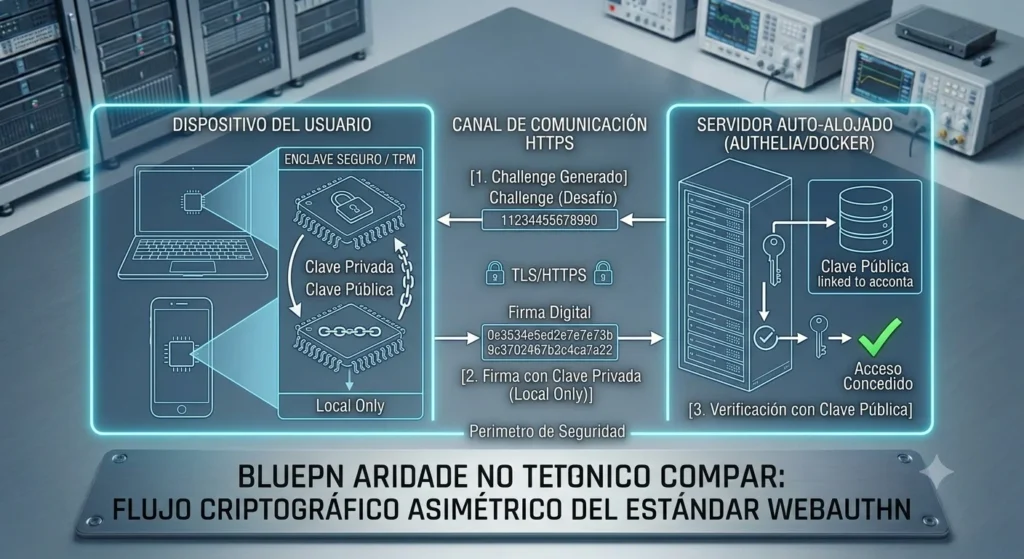 Diagrama de flujo del desafío WebAuthn entre un cliente biométrico y un servidor de identidad Authelia.
