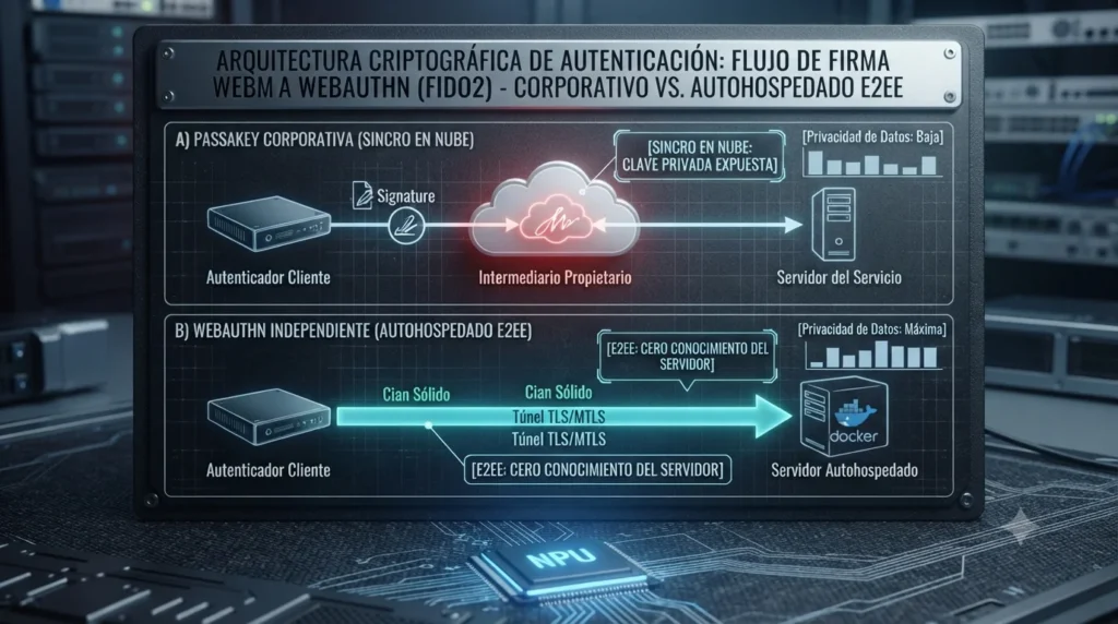 Diagrama técnico que detalla el flujo de autenticación WebAuthn. Compara la ruta de la Passkey corporativa (expuesta a través de la nube) con la ruta soberana (cifrada E2EE directamente al servidor autohospedado), garantizando privacidad, tutorial de datocortex.