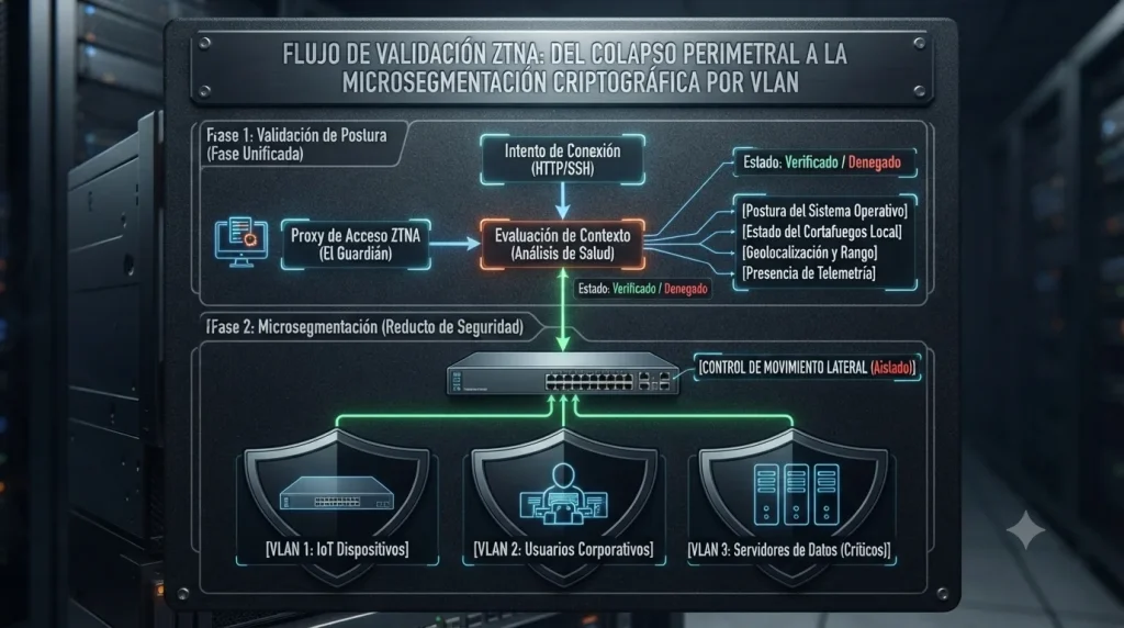 Diagrama de flujo detallado que compara el modelo de seguridad perimetral con la arquitectura Zero-Trust y la microsegmentación de red por VLAN, tutorial de datocortex.