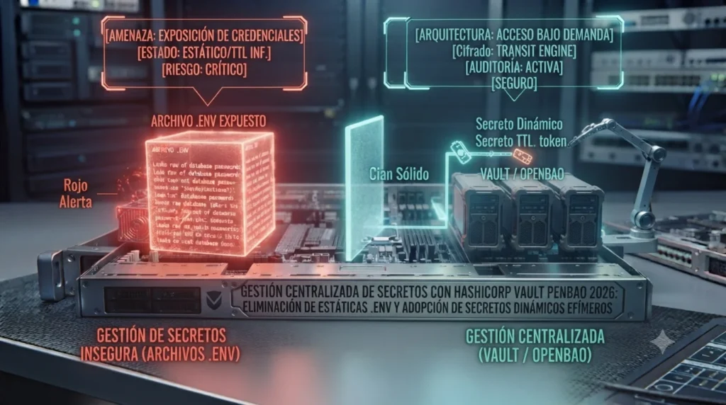Visualización conceptual que compara la gestión insegura de secretos mediante archivos .env (Rojo, texto plano) frente a la gestión centralizada con HashiCorp Vault u OpenBao (Cian, secretos dinámicos efímeros), destacando la eliminación de credenciales estáticas y el modelo de mínimo privilegio, tutorial de datocortex.