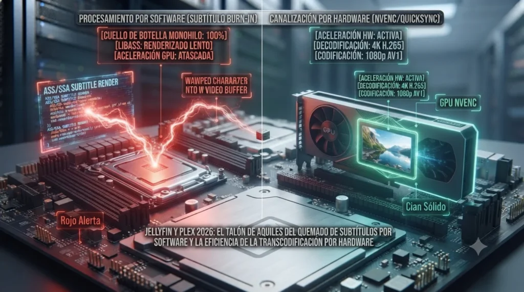 Visualización conceptual del cuello de botella en servidores multimedia. Una CPU sobrecargada (Roja) intenta renderizar subtítulos, bloqueando la aceleración eficiente de la GPU (Cian) que procesa el vídeo, tutorial de datocortex.
