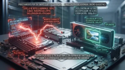 Visualización conceptual del cuello de botella en servidores multimedia. Una CPU sobrecargada (Roja) intenta renderizar subtítulos, bloqueando la aceleración eficiente de la GPU (Cian) que procesa el vídeo, tutorial de datocortex.