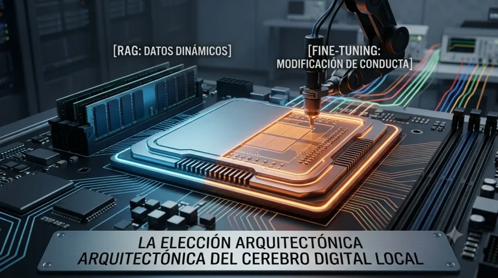 Arquitectura de Inteligencia Artificial local evaluando las diferencias entre RAG vectorial y ajuste fino.