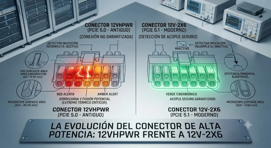 Plano de ingeniería comparando el diseño del conector antiguo 12VHPWR frente al nuevo estándar de seguridad de cables 12V-2x6.