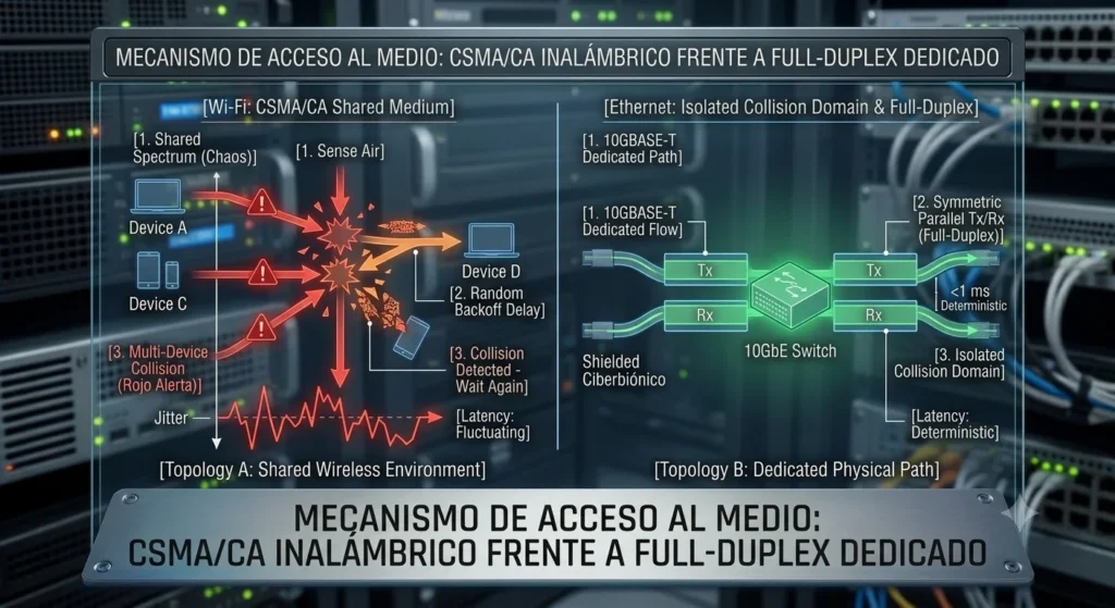 Comparativa de latencia y jitter en Wi-Fi 7 vs Ethernet de 10 Gbps mediante esquemas de transmisión de datos.
