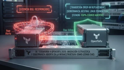 Visualización conceptual de la migración de Terraform a OpenTofu. Muestra el cambio de un entorno restringido (Rojo) a uno de código abierto (Cian) bajo la Linux Foundation, conservando la integridad de la infraestructura, tutorial de datocortex.