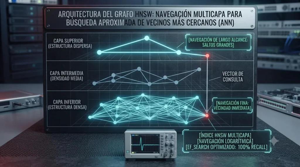 Diagrama técnico de la estructura HNSW multicapa en bases de datos vectoriales. Muestra las capas superiores de largo alcance y las capas inferiores densas para acelerar la búsqueda semántica, tutorial de datocortex.