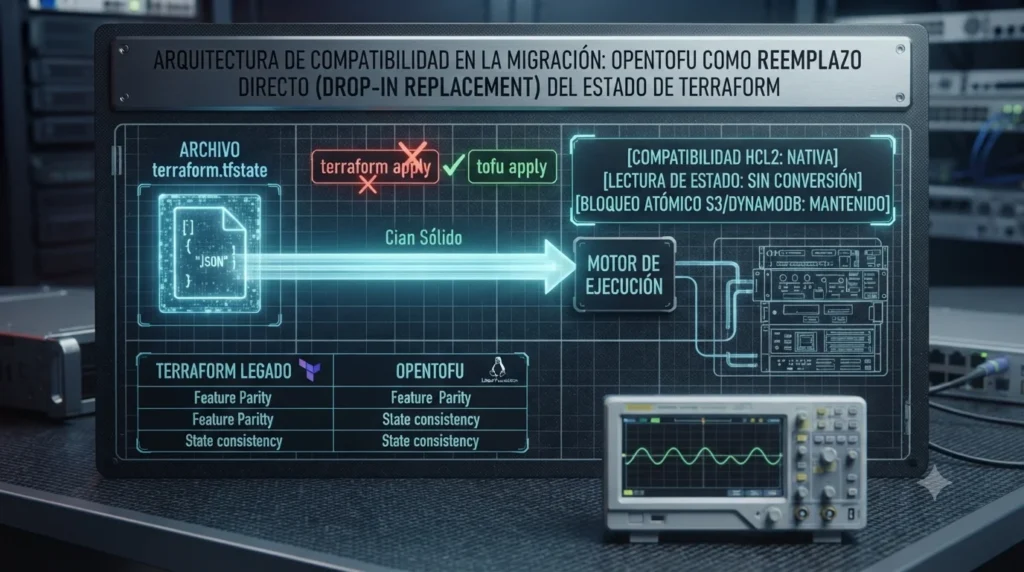 Diagrama técnico que detalla la compatibilidad de OpenTofu. Muestra cómo el motor lee directamente el archivo terraform.tfstate (Cian) sin scripts de conversión, manteniendo los bloqueos atómicos y la sintaxis HCL, tutorial de datocortex.