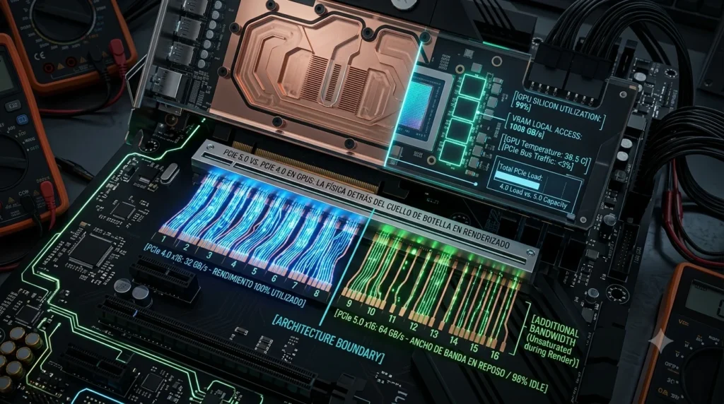 Comparativa de ancho de banda y velocidad de transferencia en interfaces PCIe 5.0 vs PCIe 4.0 gpus para procesamiento gráfico.