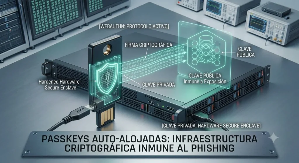 Esquema técnico de encriptación asimétrica en el estándar WebAuthn utilizando llaves criptográficas públicas y privadas.