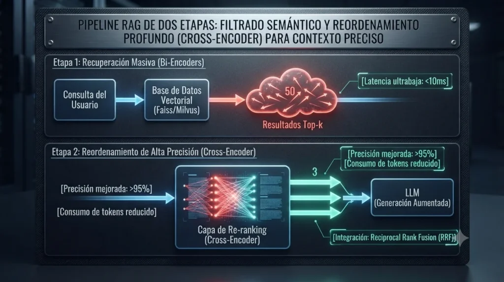 Flujo de reordenamiento de fragmentos semánticos con modelos de re-ranking para mitigar el fenómeno Lost in the Middle.