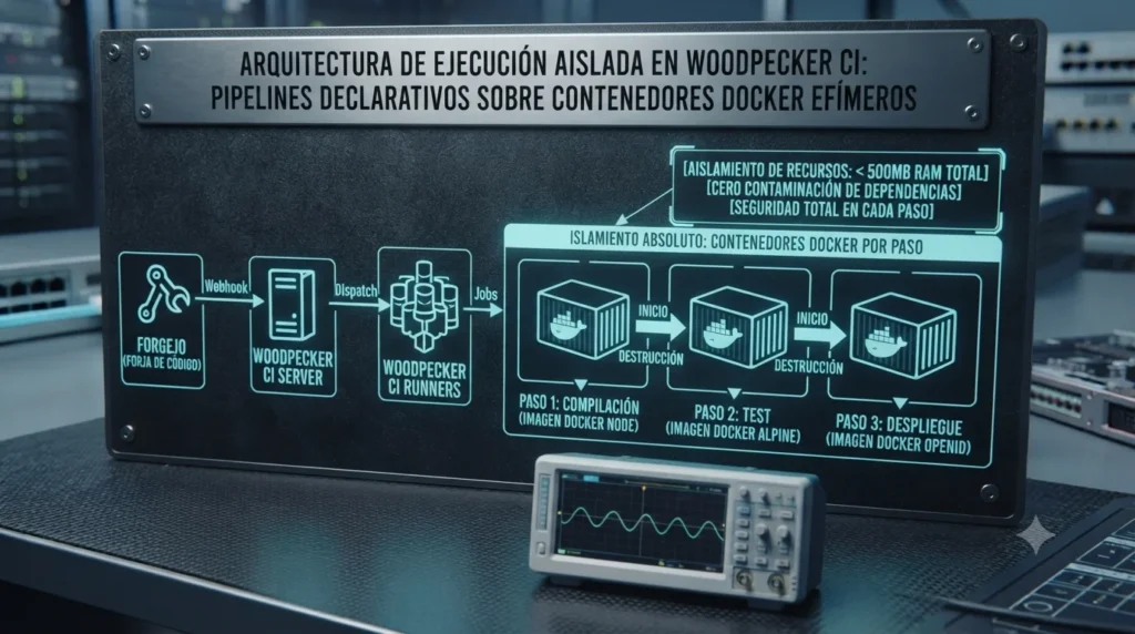 Diagrama técnico de la arquitectura de Woodpecker CI. Muestra cómo el servidor activa agentes que ejecutan cada paso del pipeline en contenedores Docker aislados y temporales, garantizando la soberanía del código, tutorial de datocortex.
