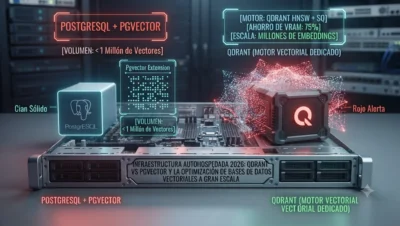 Visualización conceptual que compara Pgvector para arquitecturas relacionales moderadas con Qdrant (motor dedicado en Rust) para millones de embeddings vectoriales con cuantización INT8, tutorial de datocortex.
