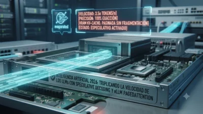Visualización conceptual de la decodificación especulativa. Un modelo draft liviano (Cian) acelera la inferencia en un modelo target gigante mediante validación paralela en GPU, tutorial de datocortex.
