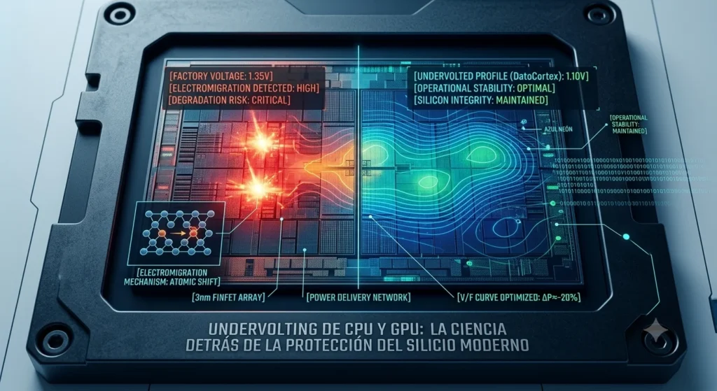 Análisis visual de la degradación térmica por electromigración en un procesador optimizado con undervolting frente a voltajes de fábrica agresivos, tutorial de datocortex.
