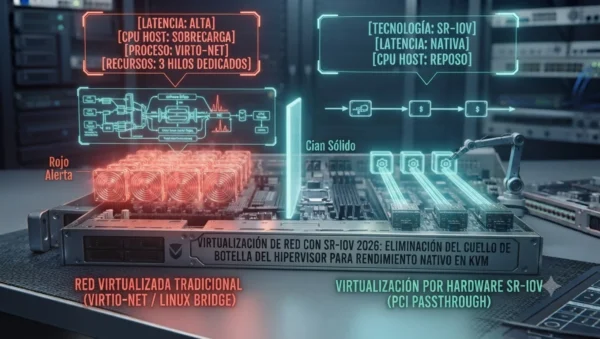 Visualización conceptual que compara la red virtualizada tradicional (Rojo, alta latencia, CPU saturada) con SR-IOV (Cian, latencia nativa, bypass de hipervisor) en un entorno KVM, tutorial de datocortex.