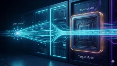 Diagrama 3D de decodificación especulativa: un Draft Model ágil envía ráfagas de tokens a un Target Model para su validación en VRAM.
