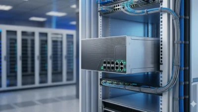 Módulo de hardware compacto en primer plano con cables de fibra óptica e indicadores LED dentro de un centro de datos empresarial.