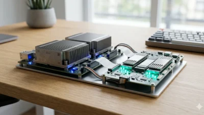 Primer plano de un circuito de cómputo abierto sobre un escritorio de madera clara iluminado por luz natural, con disipadores plateados y microindicadores LED activos.