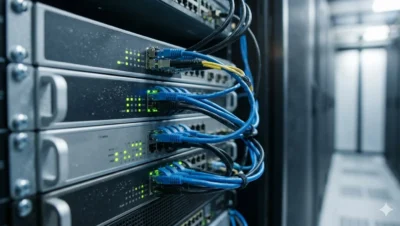 Primer plano de cables de red y fibra óptica conectados a racks de servidores iluminados en un centro de datos.