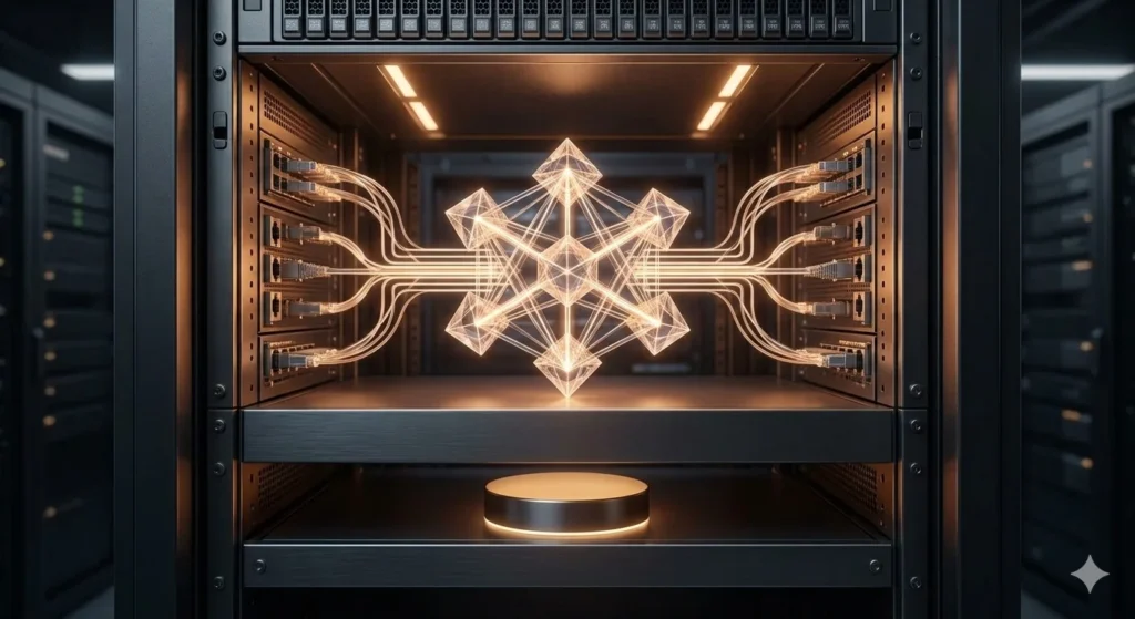 Servidores empresariales en un centro de datos moderno con cableado estructurado e indicadores LED.