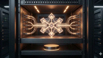 Servidores empresariales en un centro de datos moderno con cableado estructurado e indicadores LED.