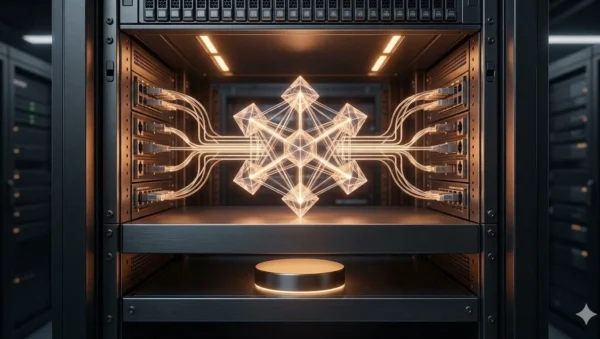 Servidores empresariales en un centro de datos moderno con cableado estructurado e indicadores LED.