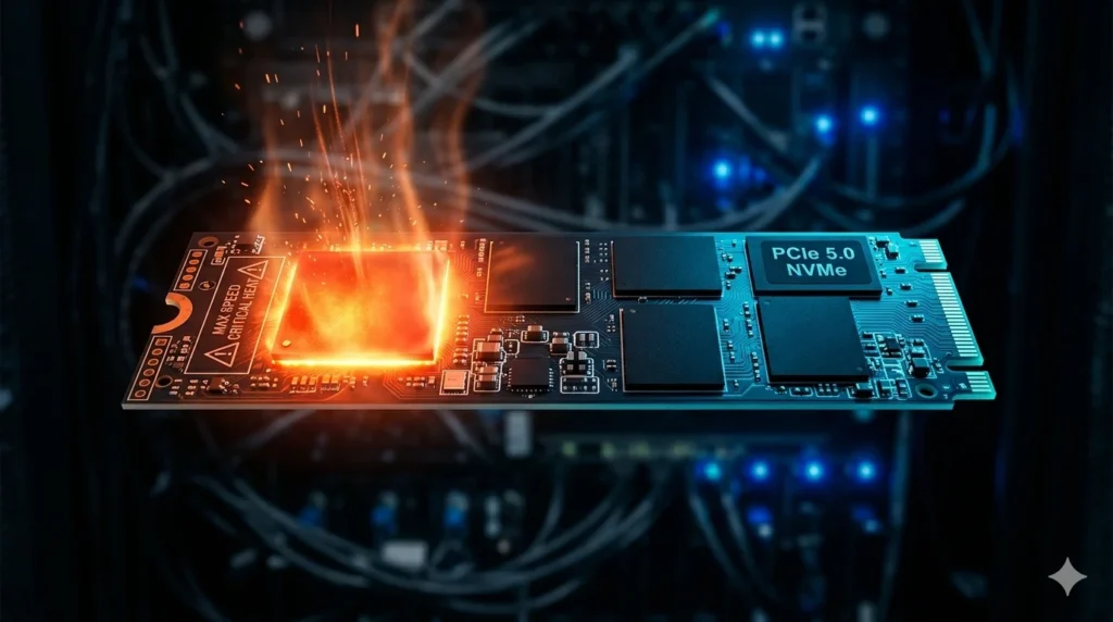 Unidad SSD NVMe M.2 PCIe 5.0 mostrando el contraste de temperatura entre el controlador sobrecalentado y las memorias NAND Flash