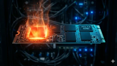 Unidad SSD NVMe M.2 PCIe 5.0 mostrando el contraste de temperatura entre el controlador sobrecalentado y las memorias NAND Flash