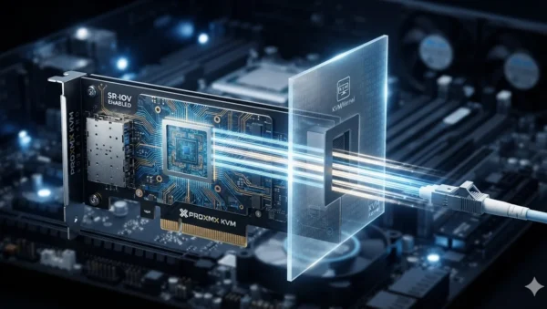Infraestructura de servidor que muestra la virtualización de red con sr iov transmitiendo datos directamente a través del kernel KVM